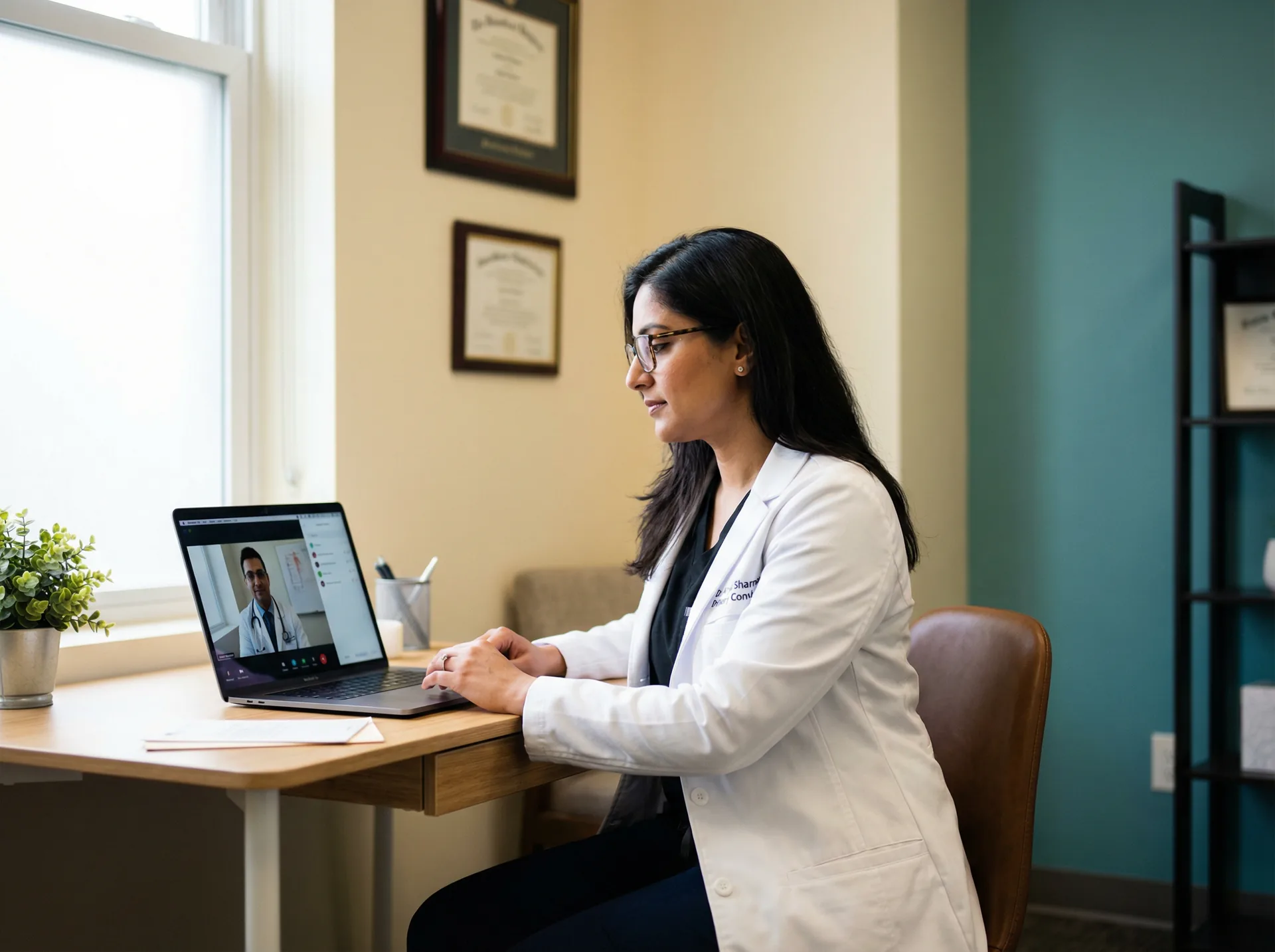 Doctor at desk doing video call with psychiatrist