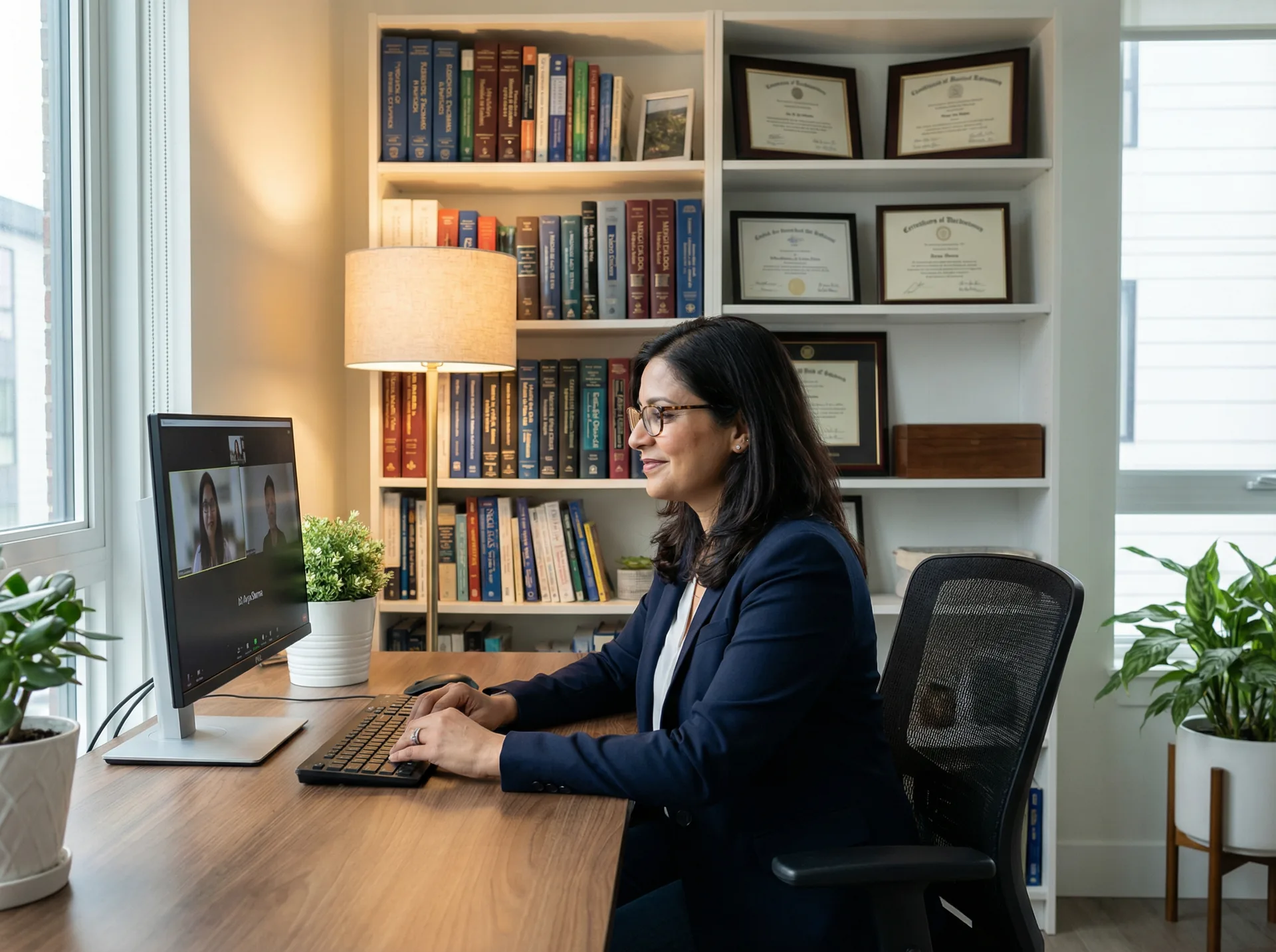 Psychiatrist at desk on video call