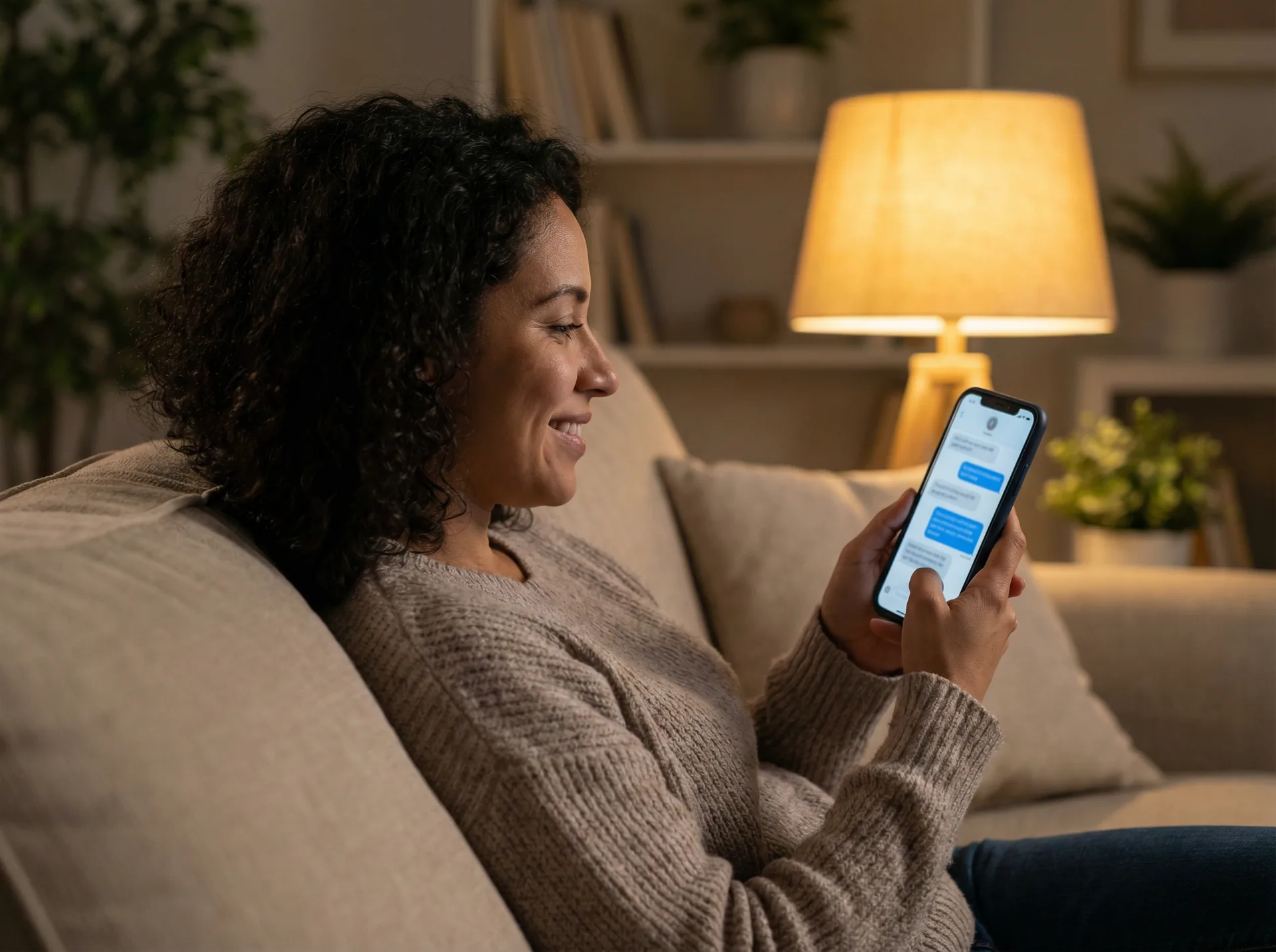 Woman on couch smiling at phone during AI intake screening